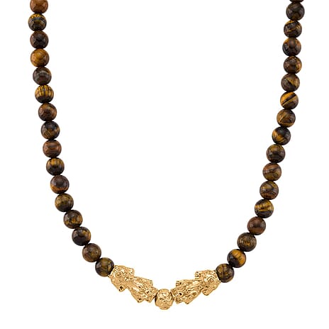 Tigers Eye Beads & Pixiu Necklace (Size 18 - 2 Ext) in Yellow Gold Plated 330.00 Ct.