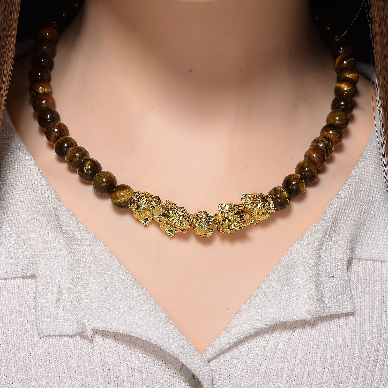 Tigers Eye Beads & Pixiu Necklace (Size 18 - 2 Ext) in Yellow Gold Plated 330.00 Ct.
