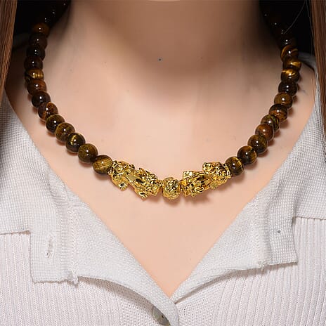 Tigers Eye Beads & Pixiu Necklace (Size 18 - 2 Ext) in Yellow Gold Plated 330.00 Ct.