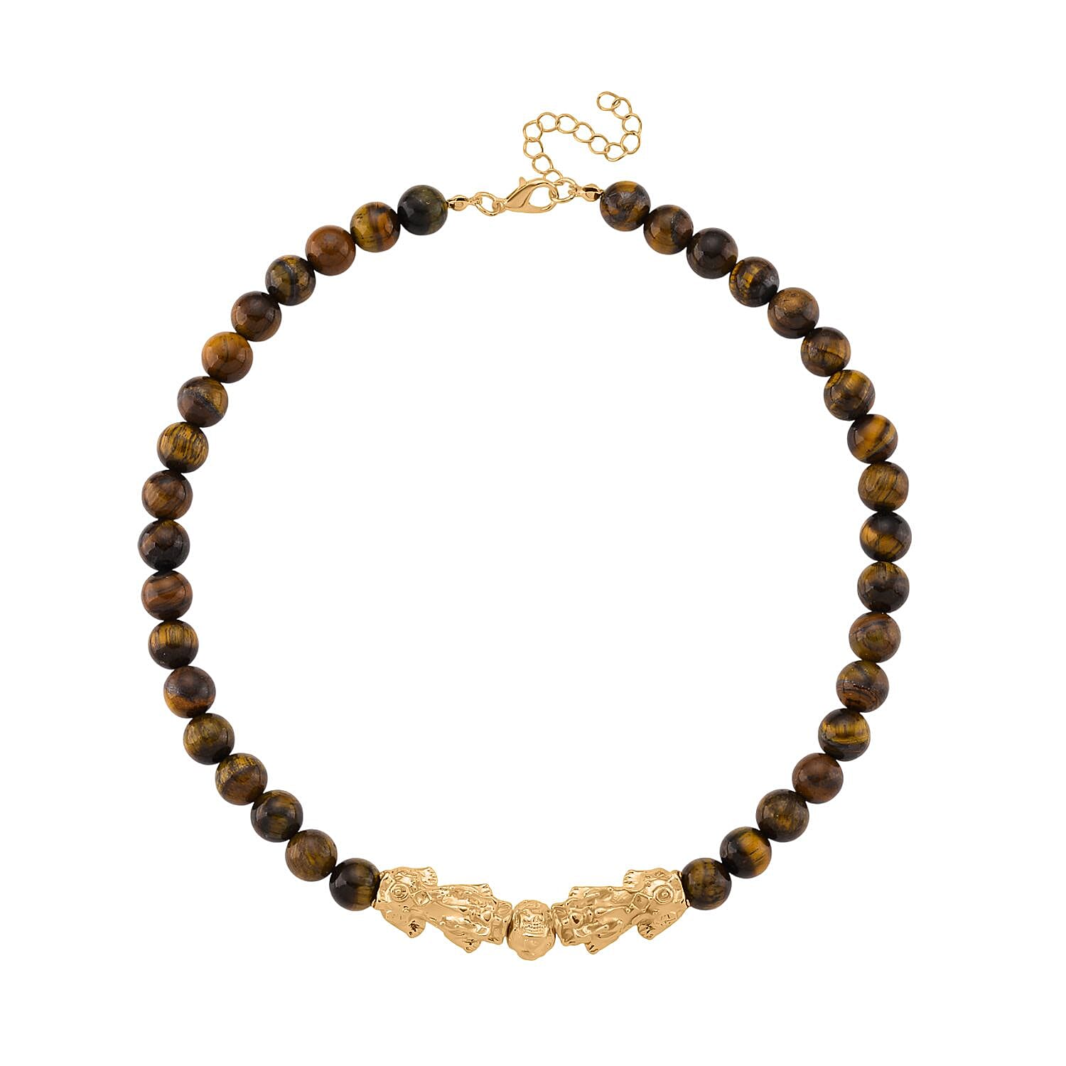 Tigers Eye Beads & Pixiu Necklace (Size 18 - 2 Ext) in Yellow Gold Plated 330.00 Ct.
