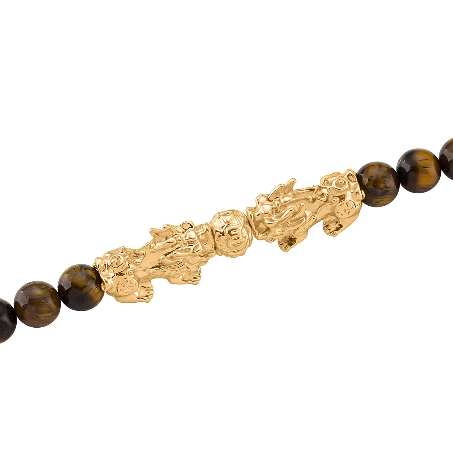 Tigers Eye Beads & Pixiu Necklace (Size 18 - 2 Ext) in Yellow Gold Plated 330.00 Ct.