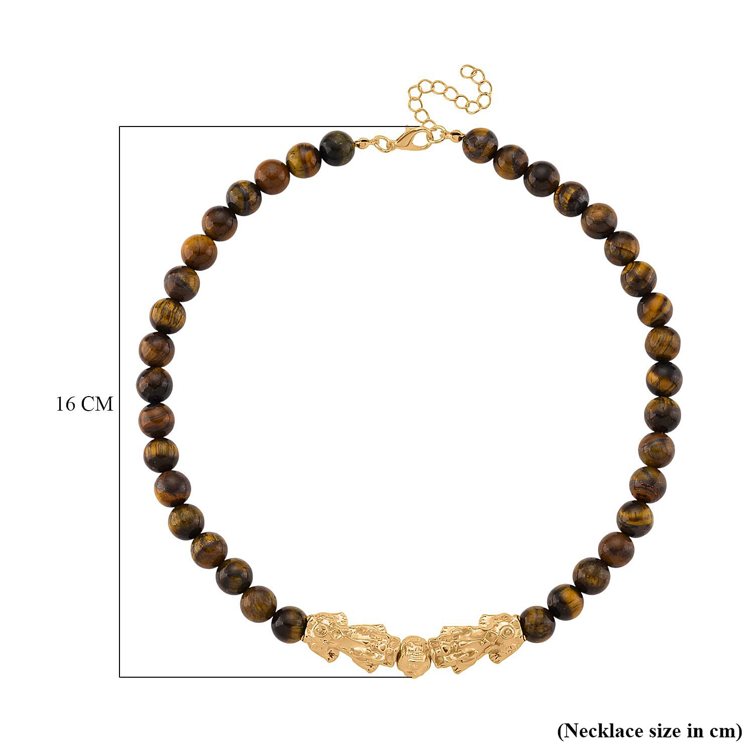 Tigers Eye Beads & Pixiu Necklace (Size 18 - 2 Ext) in Yellow Gold Plated 330.00 Ct.