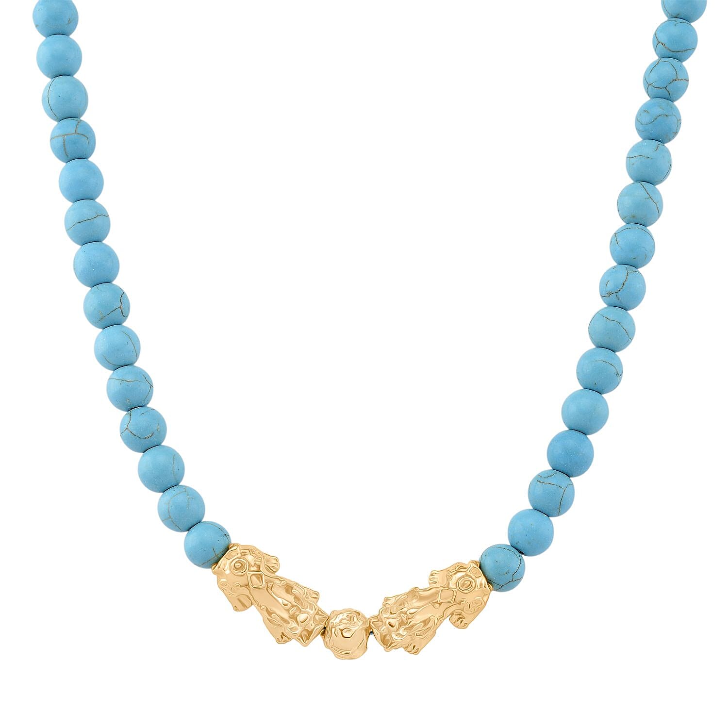 Blue Howlite Beads & Pixiu Necklace (Size 18 - 2 Ext) in Yellow Gold Plated 330.00 Ct.