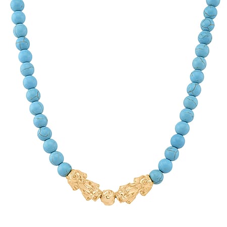Blue Howlite Beads, Pixiu Necklace (Size 18 - 2 Ext) in Yellow Goldtone 330.00 Ct.
