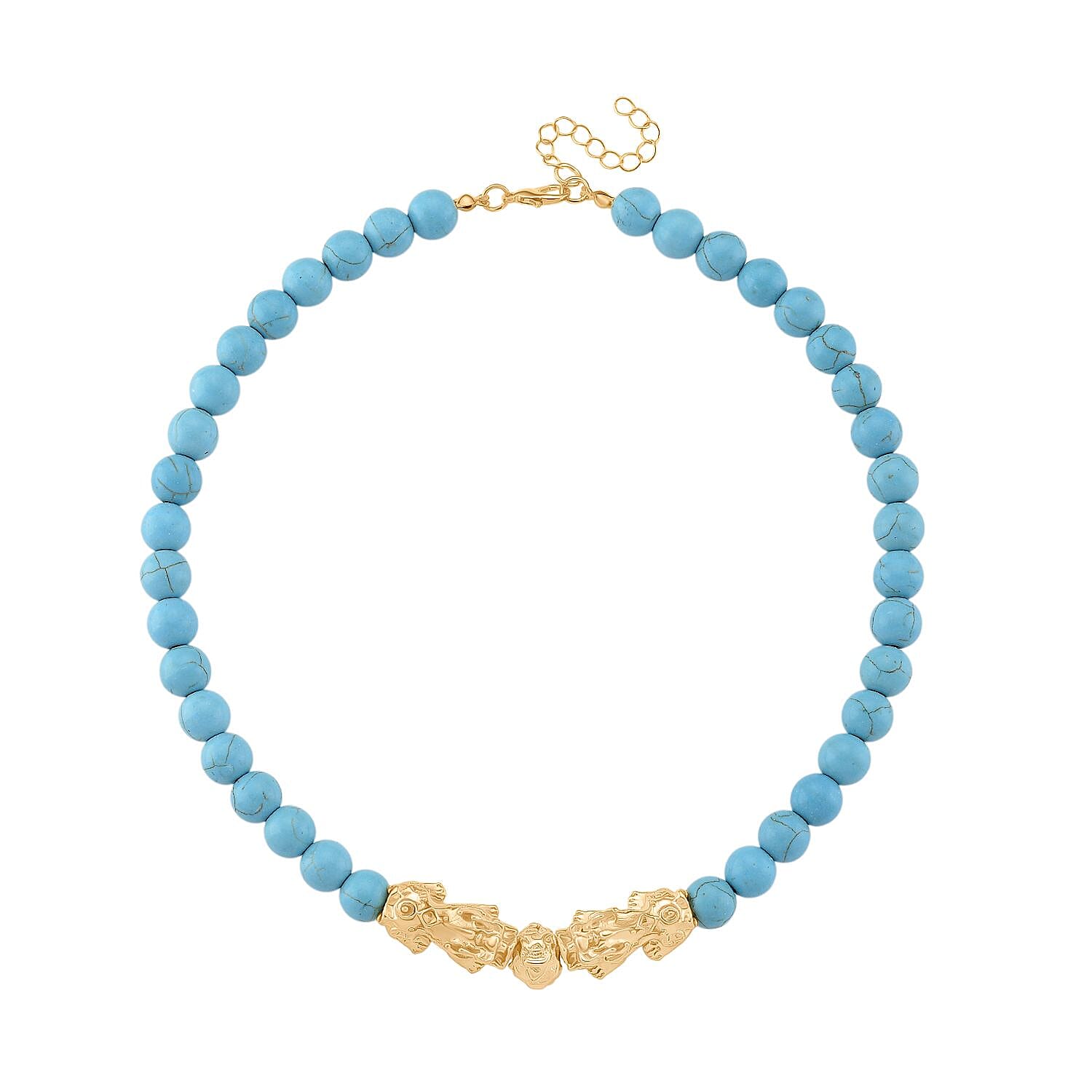 Blue Howlite Beads & Pixiu Necklace (Size 18 - 2 Ext) in Yellow Gold Plated 330.00 Ct.