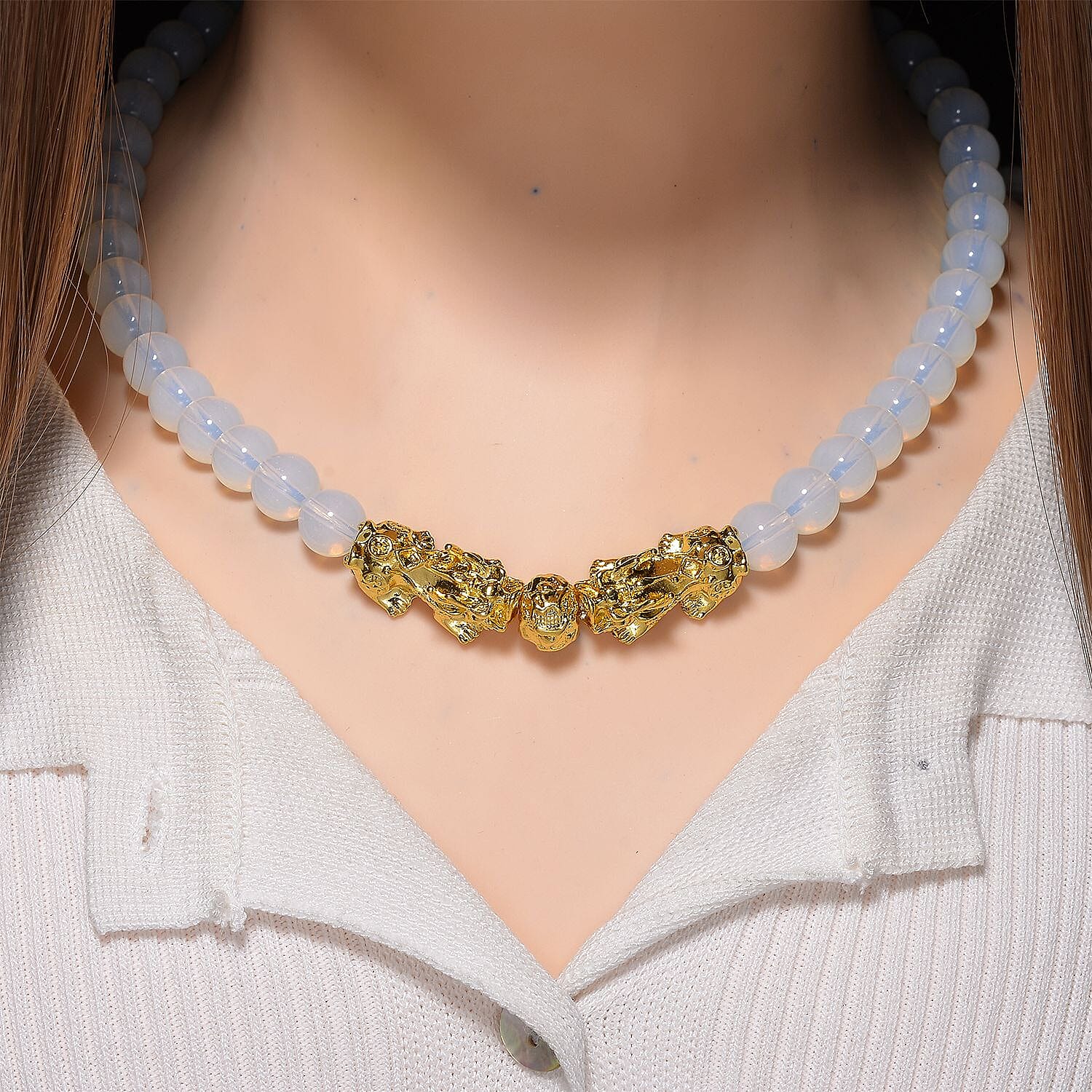 Opalite Beads & Pixiu Necklace (Size 18 - 2 Ext) in Yellow Gold Plated 330.00 Ct.