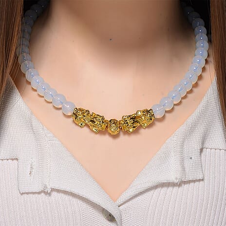 Opalite Beads & Pixiu Necklace (Size 18 - 2 Ext) in Yellow Gold Plated 330.00 Ct.