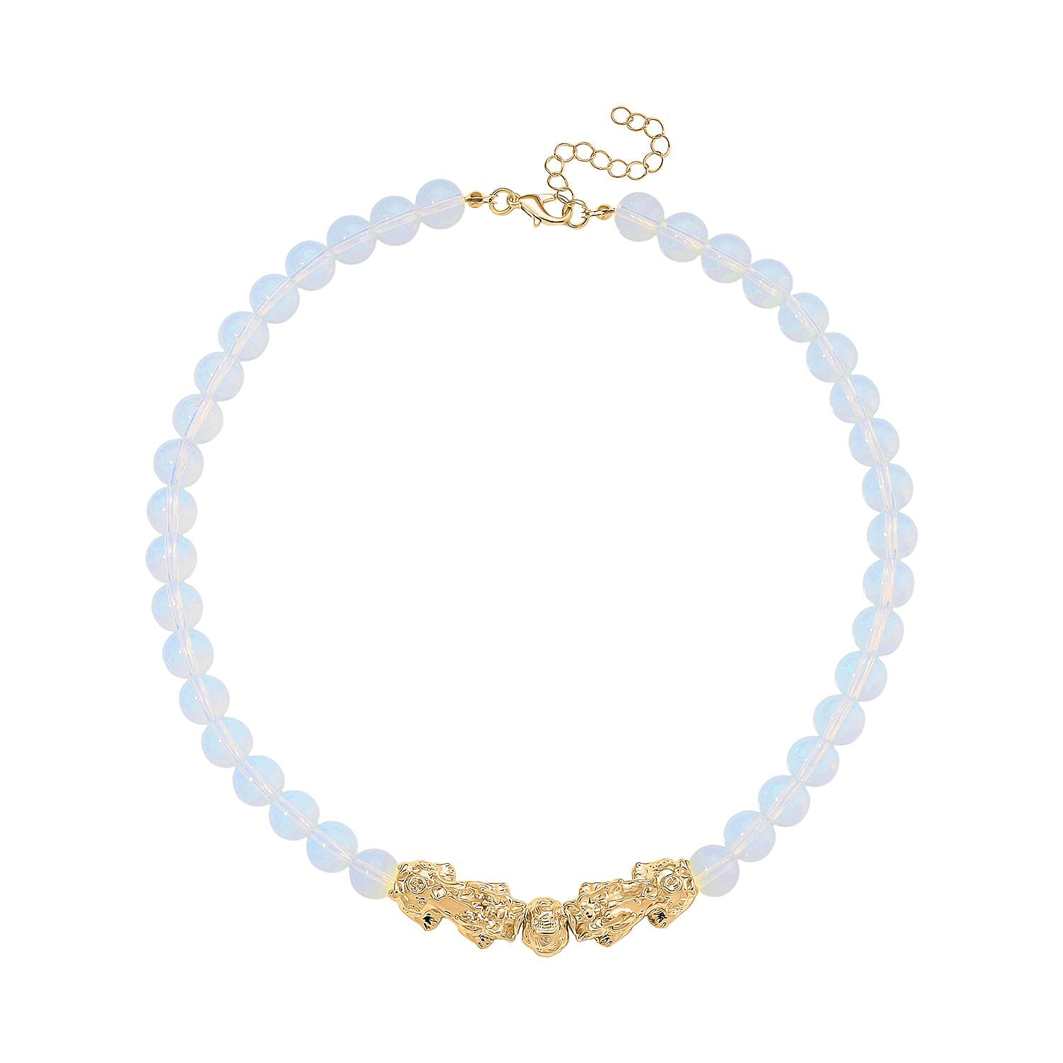 Opalite Beads & Pixiu Necklace (Size 18 - 2 Ext) in Yellow Gold Plated 330.00 Ct.