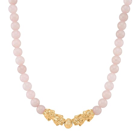 Rose Quartz Beads & Pixiu Necklace (Size 18 - 2 Ext) in Yellow Gold Plated 330.00 Ct.