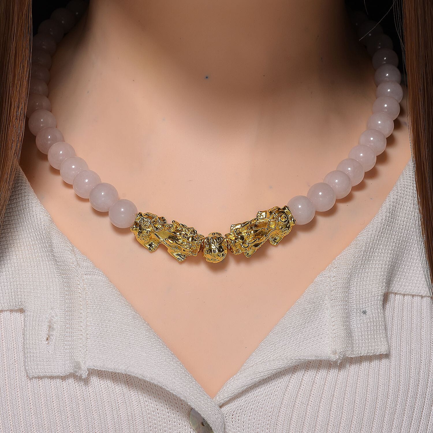 Rose Quartz Beads & Pixiu Necklace (Size 18 - 2 Ext) in Yellow Gold Plated 330.00 Ct.
