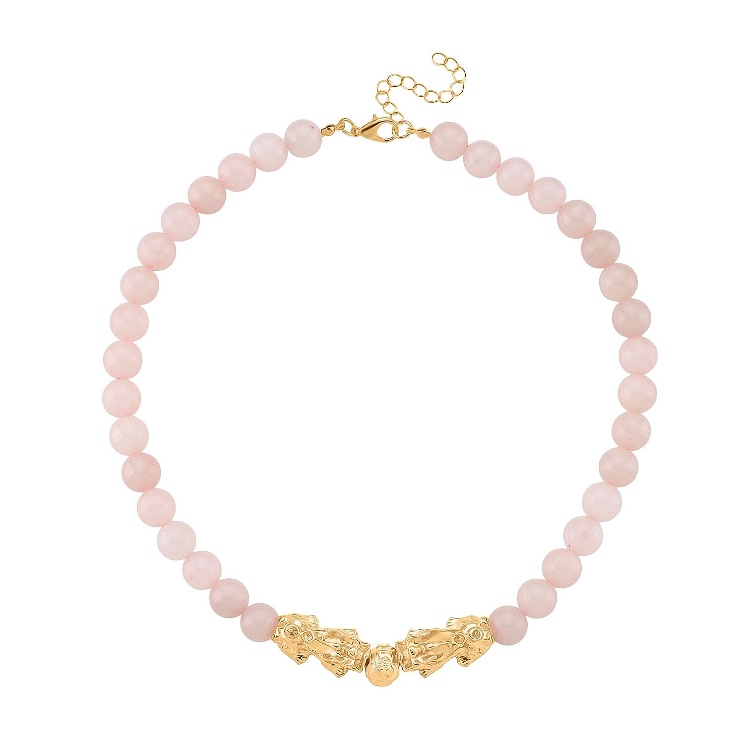 Rose Quartz Beads & Pixiu Necklace (Size 18 - 2 Ext) in Yellow Gold Plated 330.00 Ct.