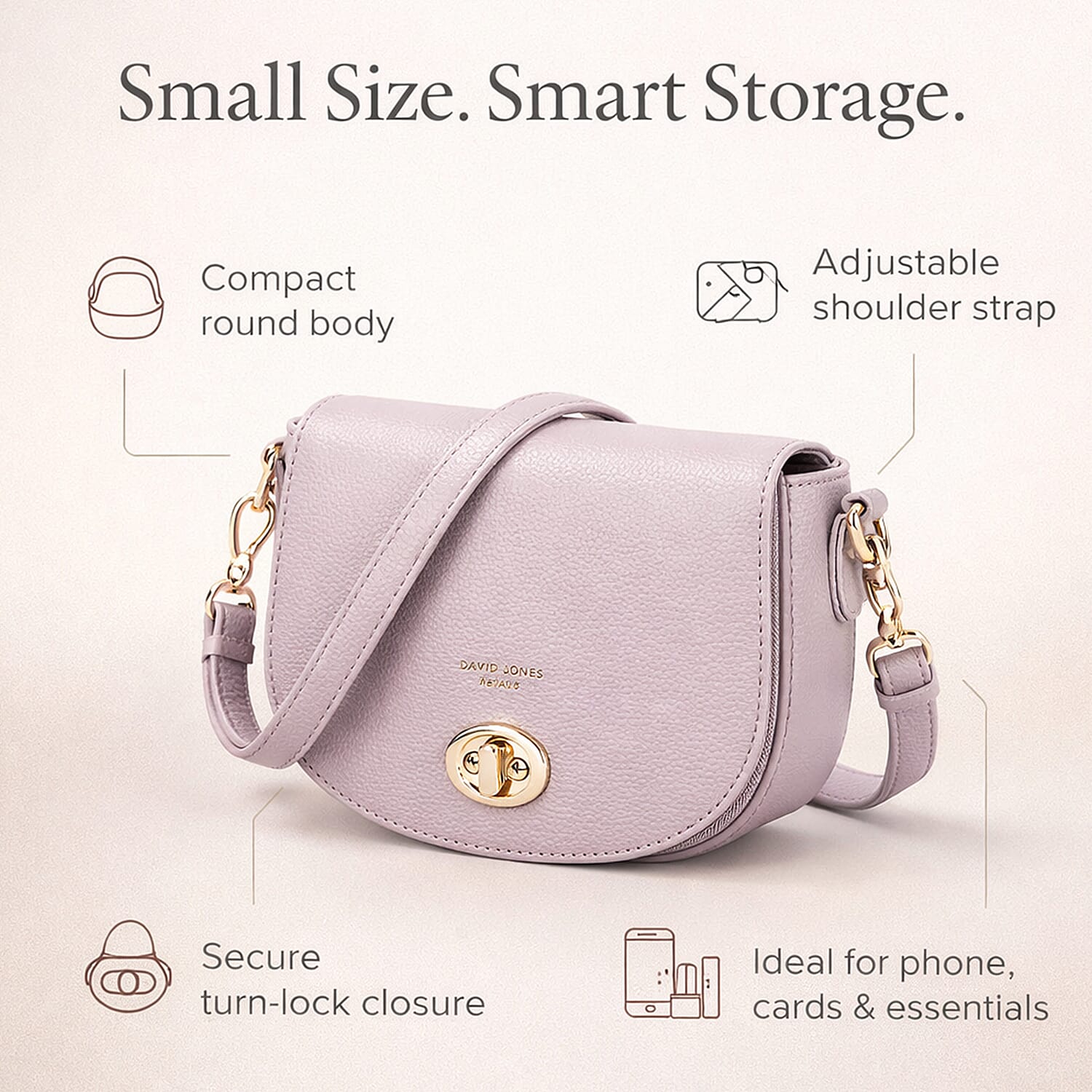 David Jones Stylish Round Flap Compact Shoulder Bag Lilac