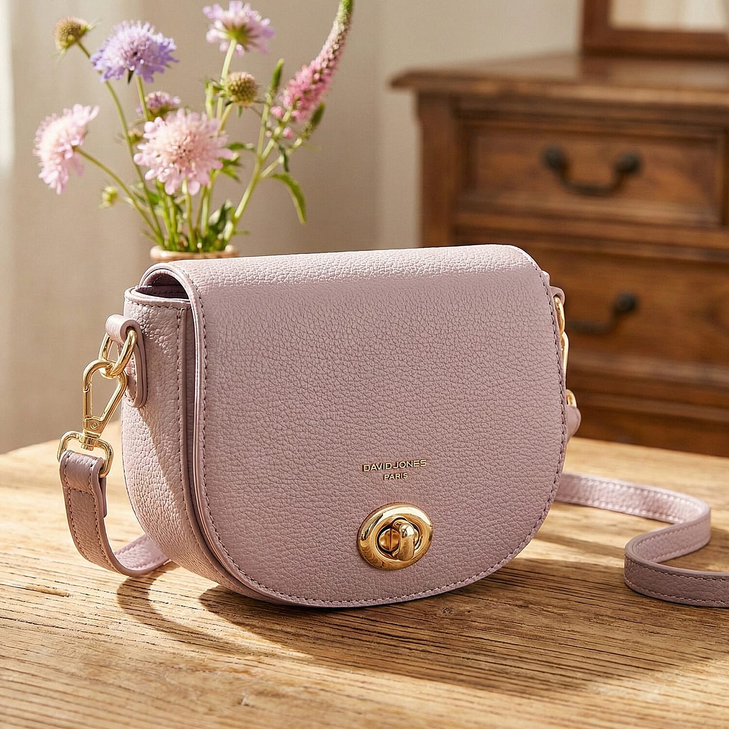 David Jones Stylish Round Flap Compact Shoulder Bag Lilac