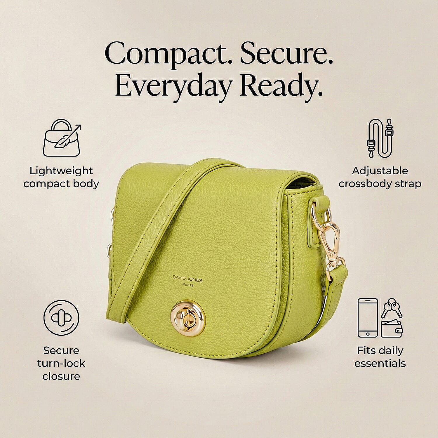 David Jones Stylish Round Flap Compact Shoulder Bag Lemon