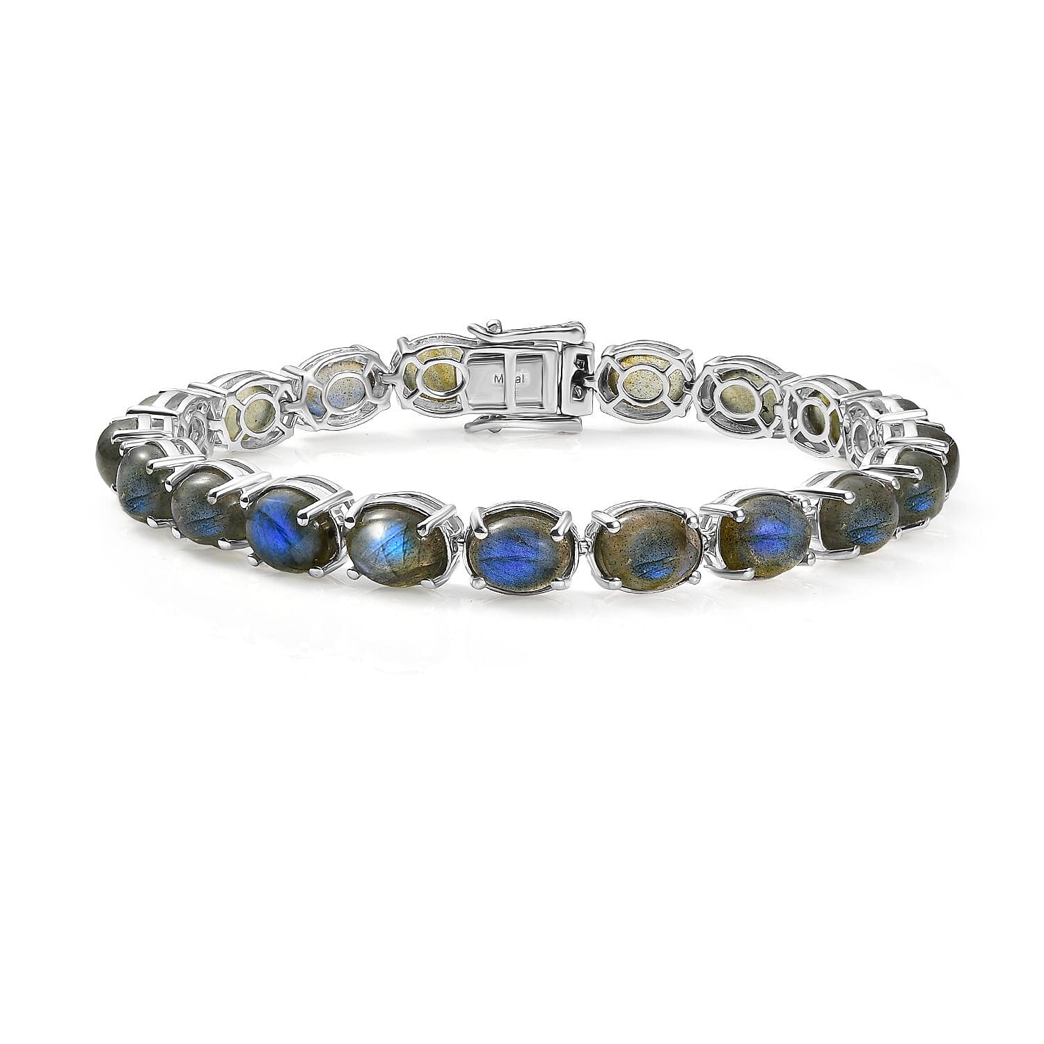 D'joy AAA Natural Labradorite Cluster Bracelet (Size - 7) with GB Lock Box in Rhodium Overlay Sterling Silver 24.80 Ct, Silver Wt. 11.03 Gms.