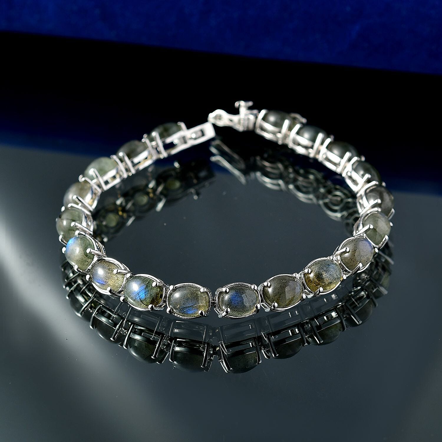 D'joy AAA Natural Labradorite Cluster Bracelet (Size - 7) with GB Lock Box in Rhodium Overlay Sterling Silver 24.80 Ct, Silver Wt. 11.03 Gms.
