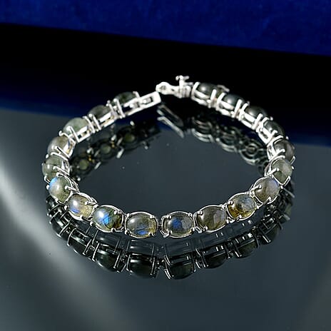 D'joy AAA Natural Labradorite Cluster Bracelet (Size - 8) with GB Lock Box in Rhodium Overlay Sterling Silver 28.72 Ct, Silver Wt. 11.31 Gms.