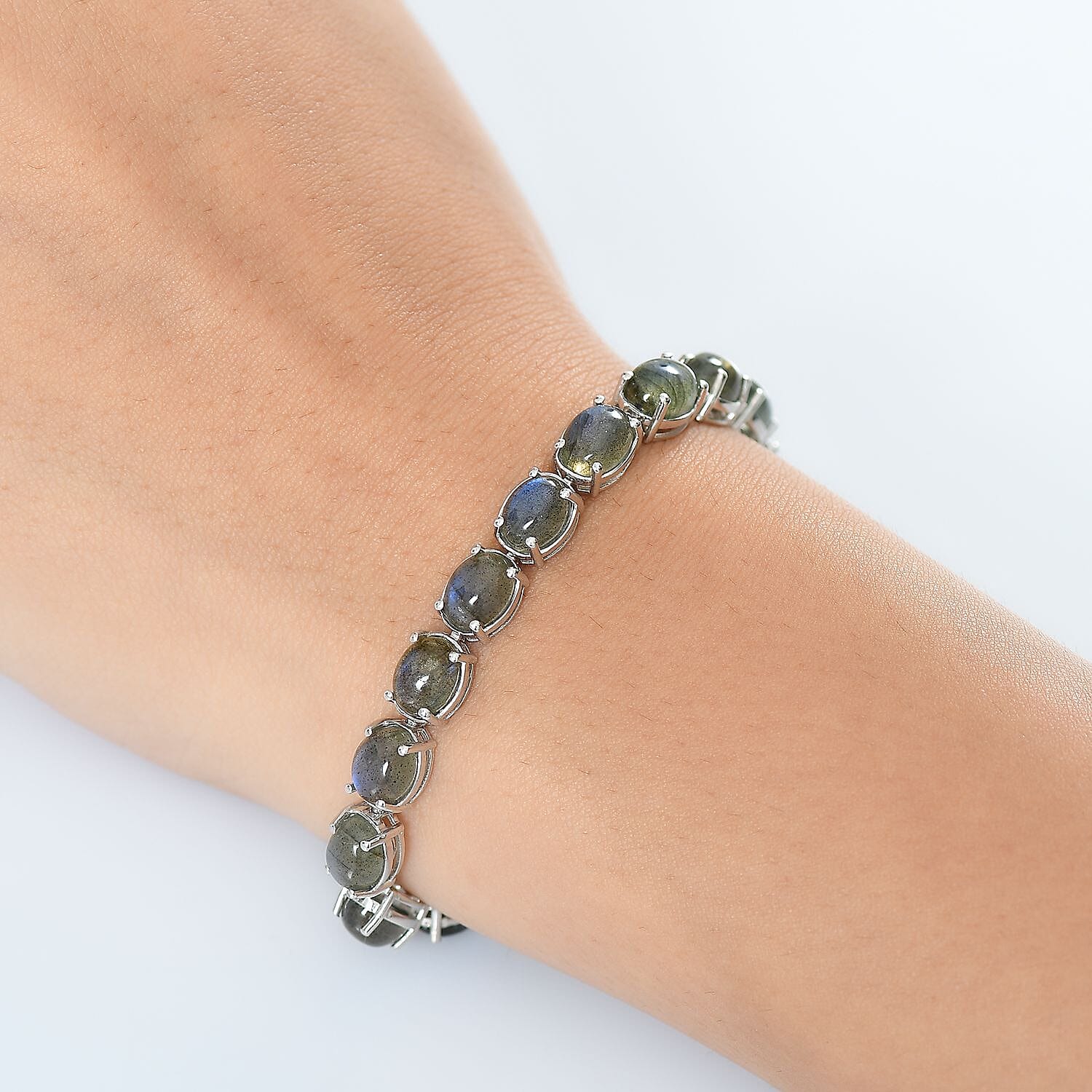 D'joy AAA Natural Labradorite Cluster Bracelet (Size - 7) with GB Lock Box in Rhodium Overlay Sterling Silver 24.80 Ct, Silver Wt. 11.03 Gms.