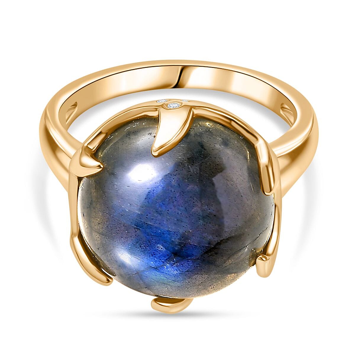 Labradorite, White Zircon Solitaire Ring Pure Yellow Brass  9.974  Ct.