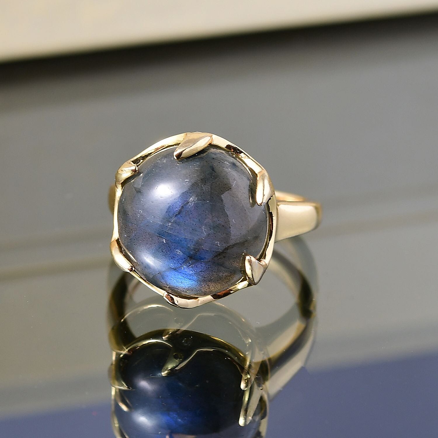 Labradorite, White Zircon Solitaire Ring Pure Yellow Brass  9.974  Ct.