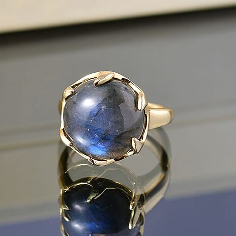 Labradorite, White Zircon Solitaire Ring Pure Yellow Brass  9.974  Ct.