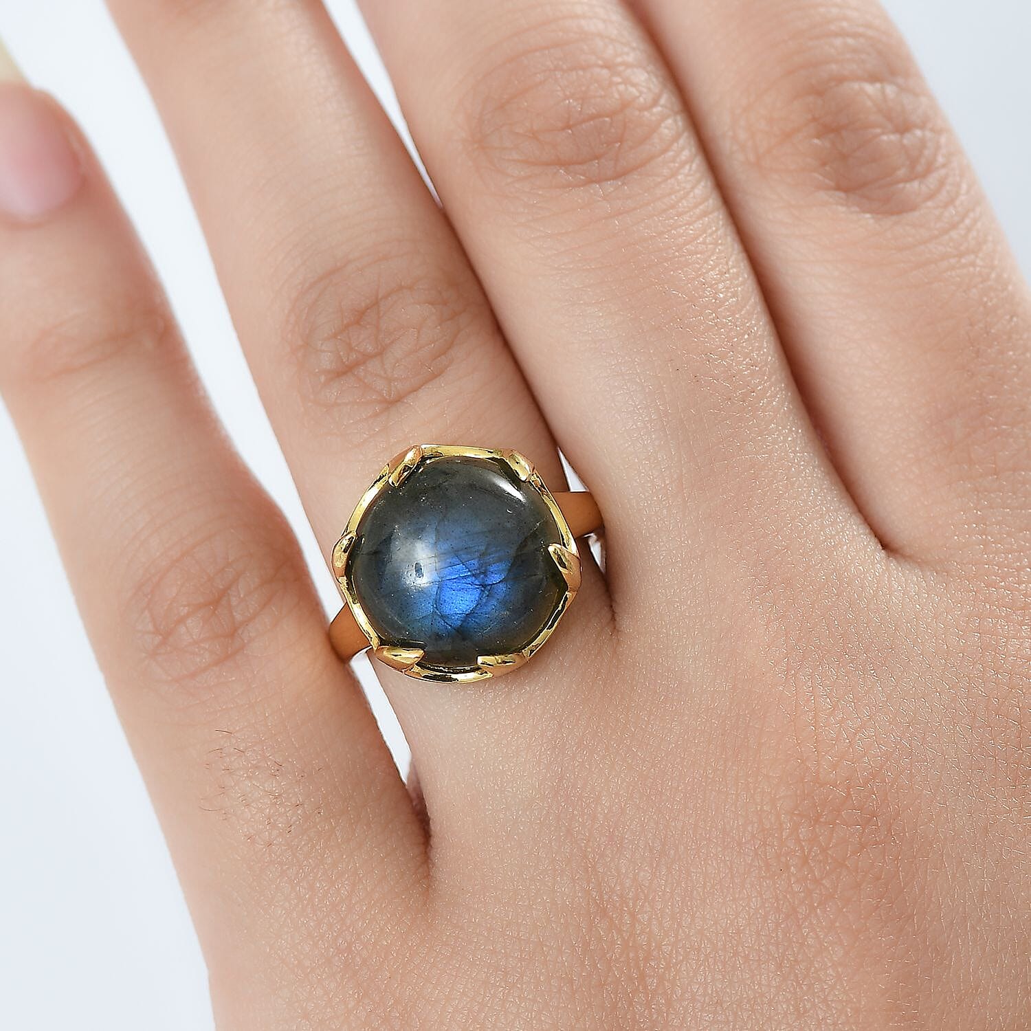 Labradorite, White Zircon Solitaire Ring Pure Yellow Brass  9.974  Ct.