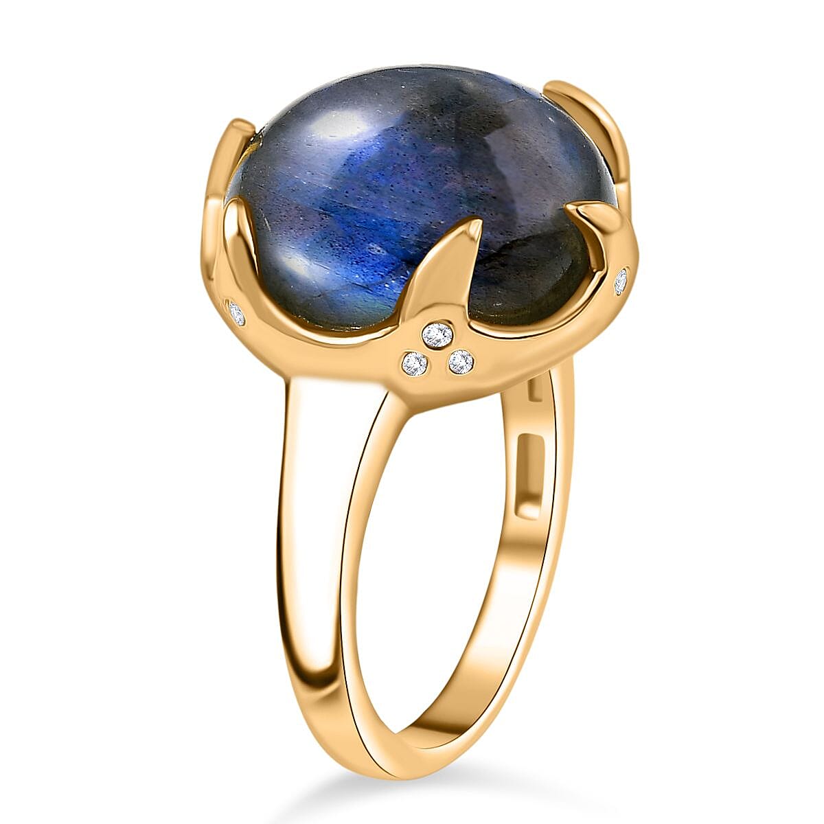 Labradorite, White Zircon Solitaire Ring Pure Yellow Brass  9.974  Ct.