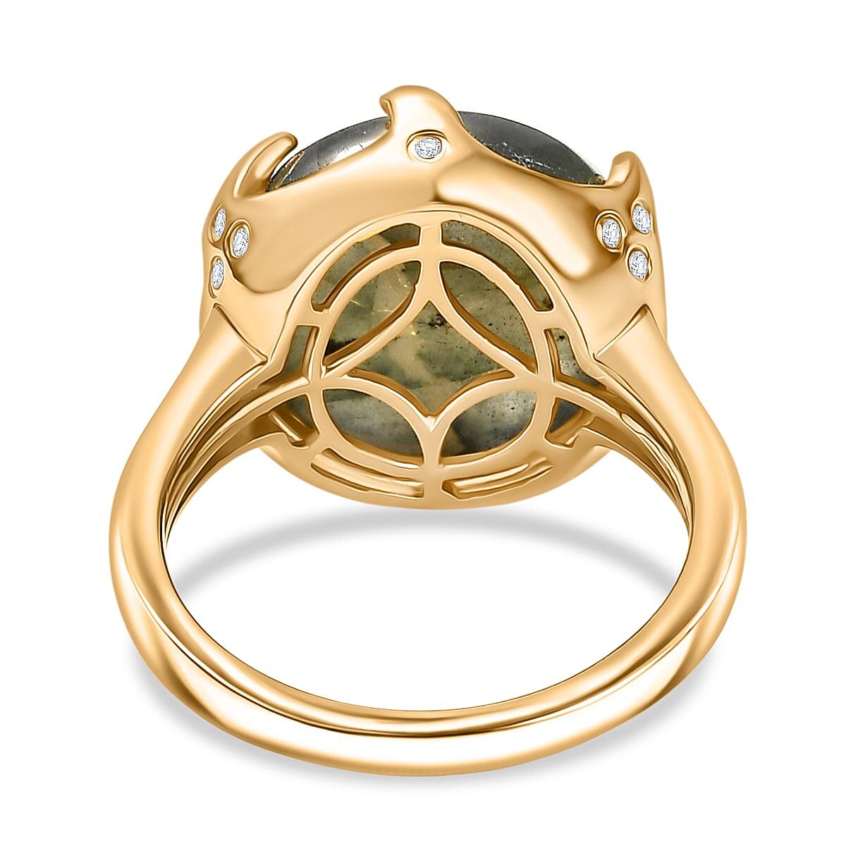 Labradorite, White Zircon Solitaire Ring Pure Yellow Brass  9.974  Ct.