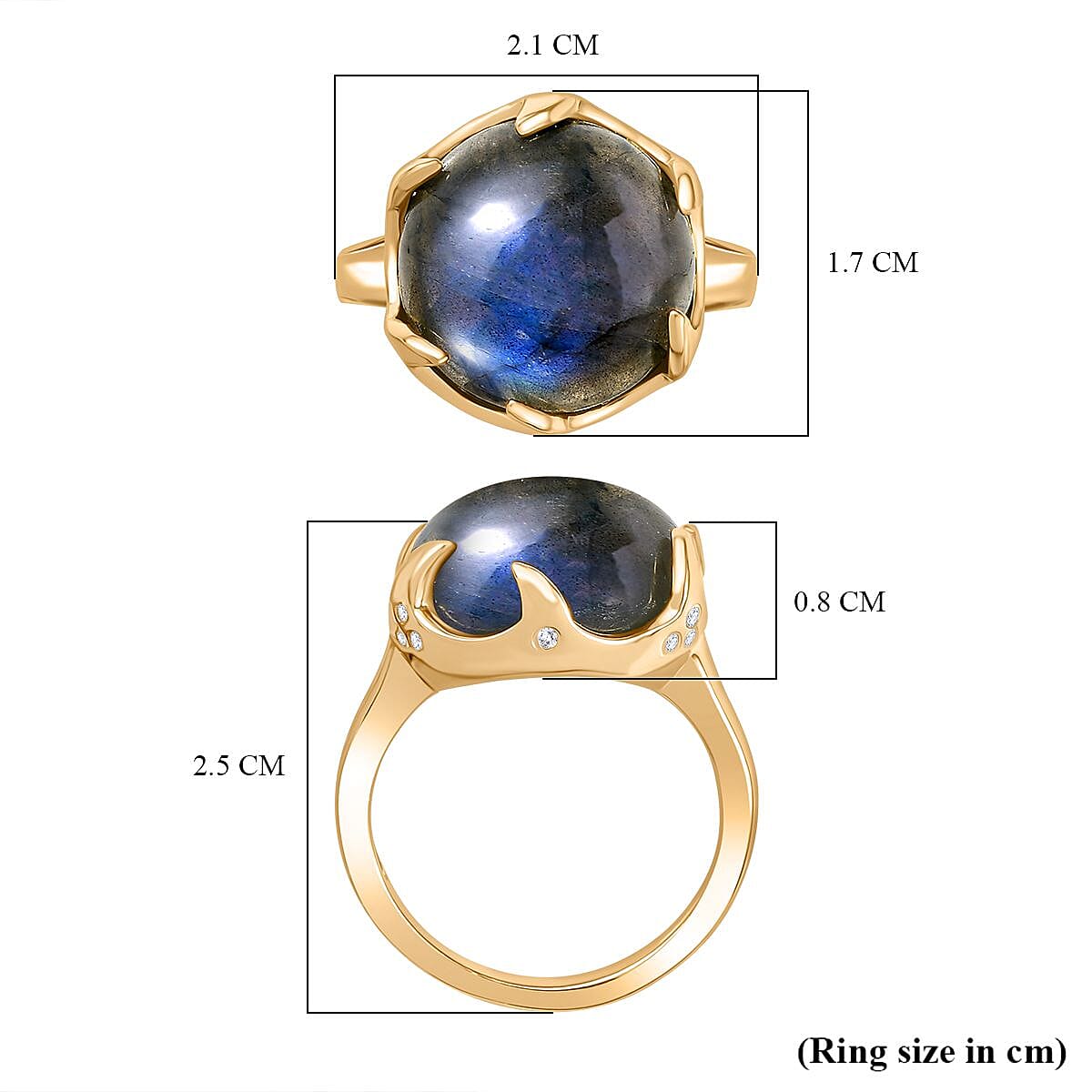 Labradorite, White Zircon Solitaire Ring Pure Yellow Brass  9.974  Ct.