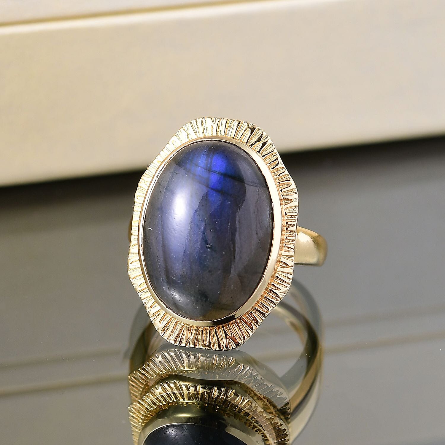 AAA Natural Labradorite Solitaire Ring in Yellow Gold Plating 12.03 Ct.