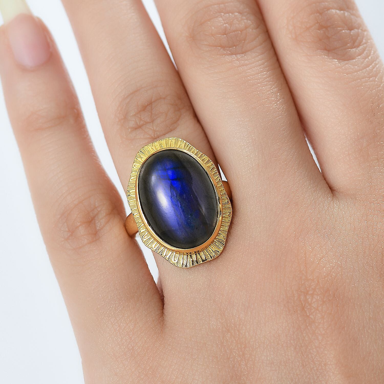 AAA Natural Labradorite Solitaire Ring in Yellow Gold Plating 12.03 Ct.
