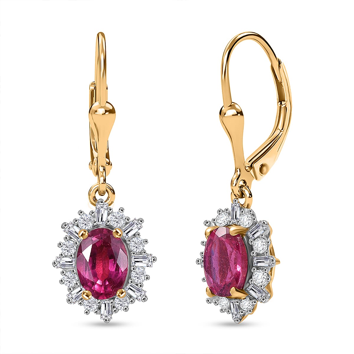 Luxuriant Diamond African Ruby, Lab Grown Diamond Solitaire Lever Back Earring in 18K Vermeil Yellow Gold Plated Sterling