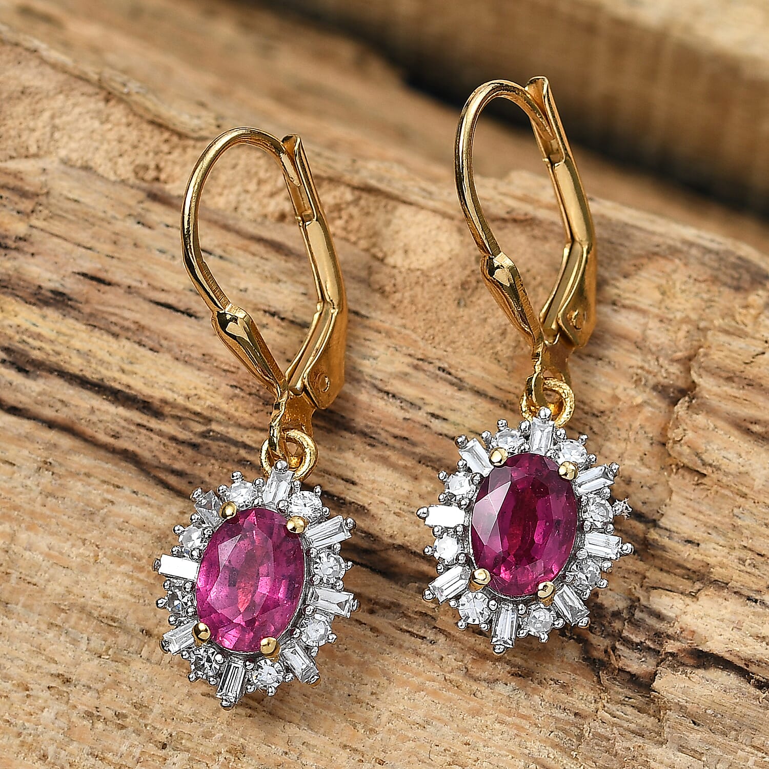 Luxuriant Diamond African Ruby, Lab Grown Diamond Solitaire Lever Back Earring in 18K Vermeil Yellow Gold Plated Sterling