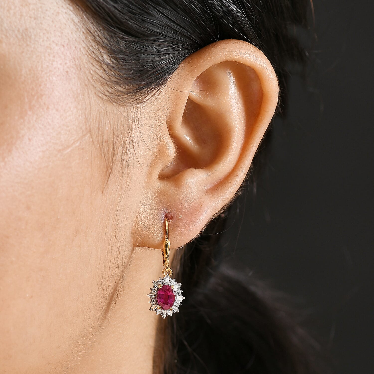 Luxuriant Diamond African Ruby, Lab Grown Diamond Solitaire Lever Back Earring in 18K Vermeil Yellow Gold Plated Sterling