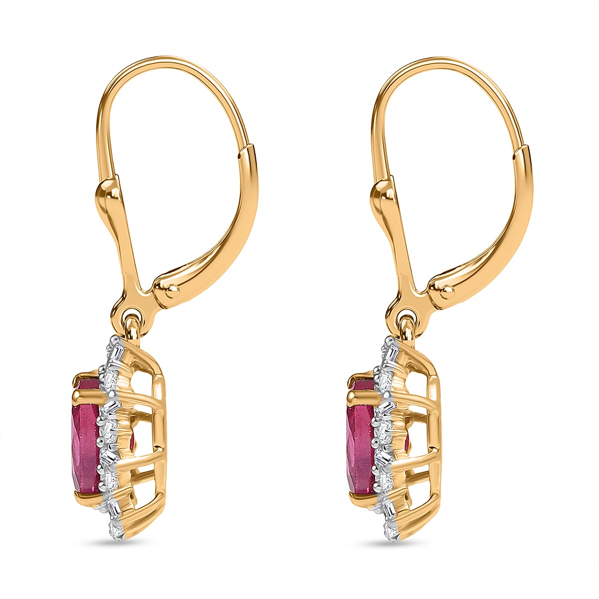 Luxuriant Diamond African Ruby, Lab Grown Diamond Solitaire Lever Back Earring in 18K Vermeil Yellow Gold Plated Sterling