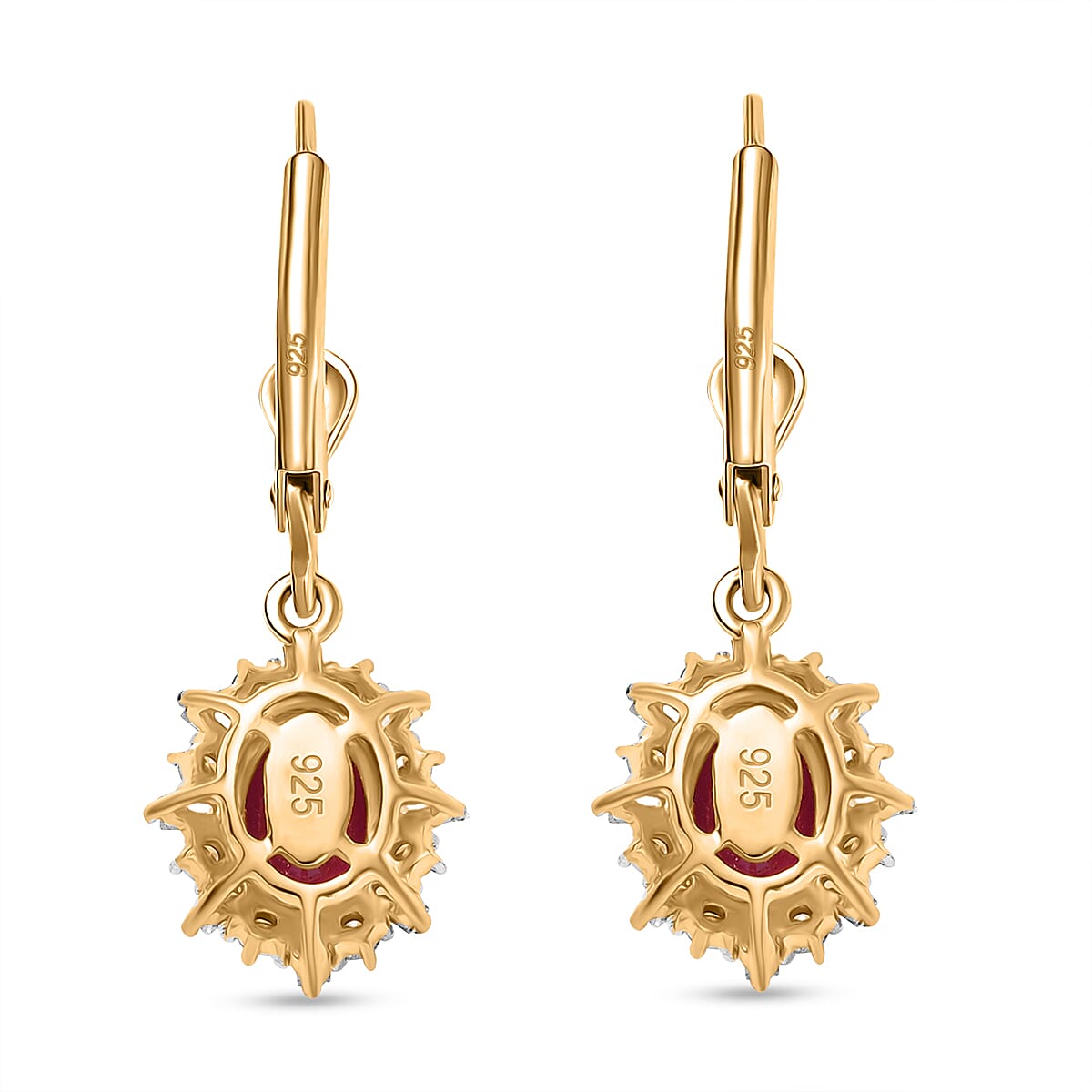 Luxuriant Diamond African Ruby, Lab Grown Diamond Solitaire Lever Back Earring in 18K Vermeil Yellow Gold Plated Sterling