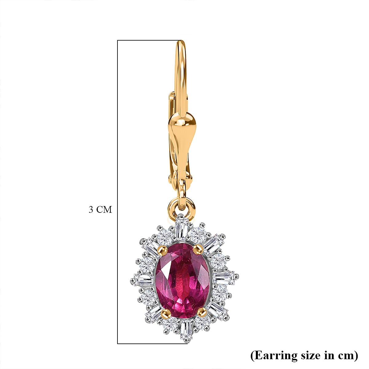 Luxuriant Diamond African Ruby, Lab Grown Diamond Solitaire Lever Back Earring in 18K Vermeil Yellow Gold Plated Sterling