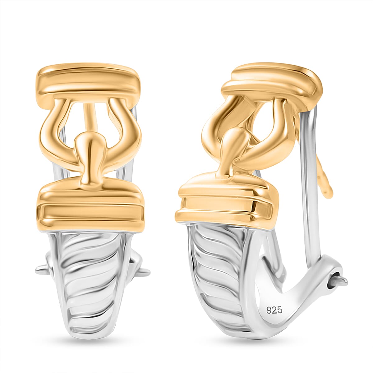 ROMA DESIGNER CLOSEOUT DEAL Sterling Silver J Hoop Hoop Earring with Omega Clip Back in Yellow Gold Plated & Platinum Overlay