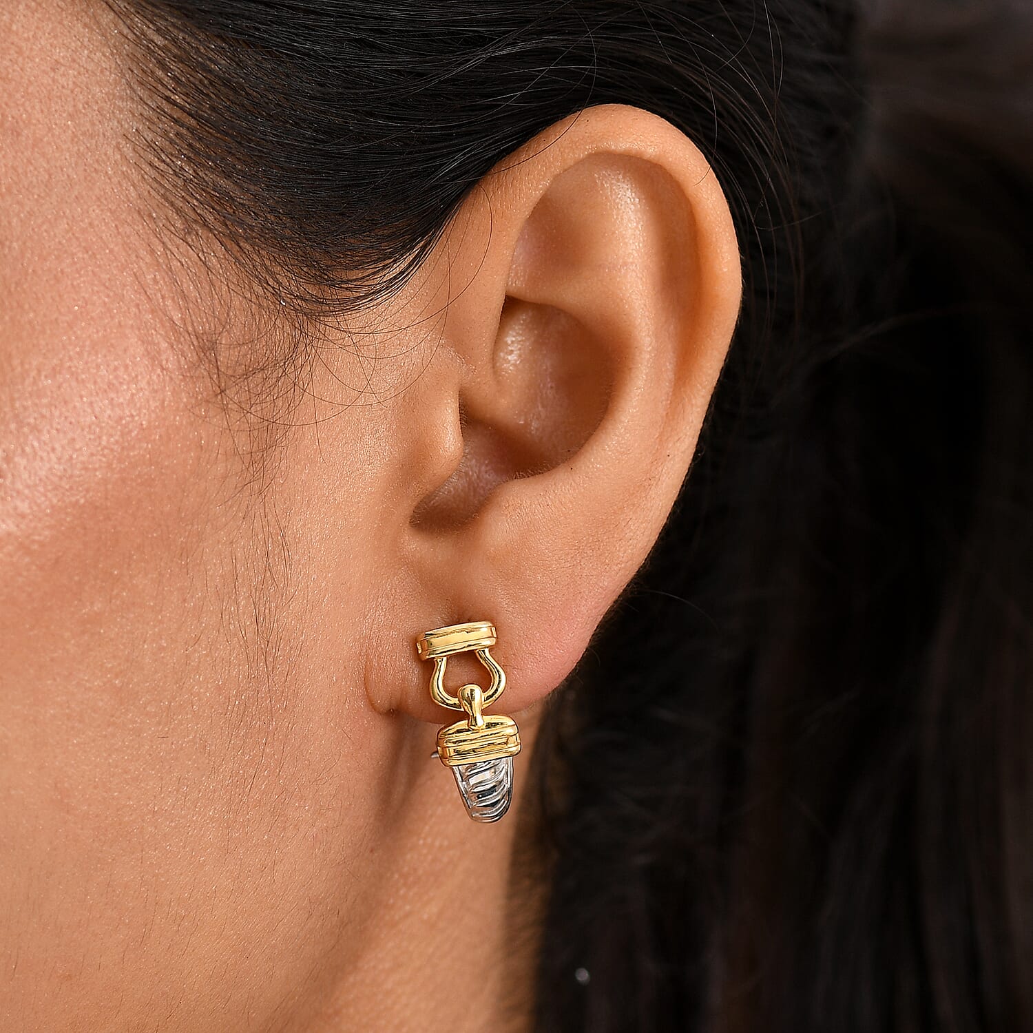 ROMA DESIGNER CLOSEOUT DEAL Sterling Silver J Hoop Hoop Earring with Omega Clip Back in Yellow Gold Plated & Platinum Overlay