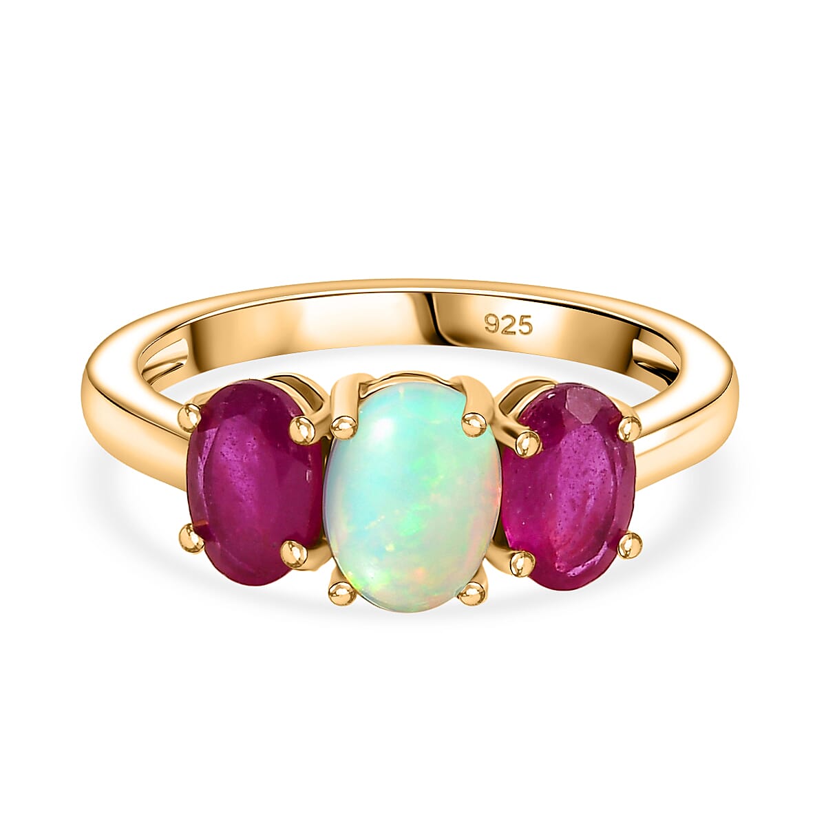 Ethiopian Opal, African Ruby 3 Stone Ring in 14K Gold OverlaySterling Silver  1.937  Ct.