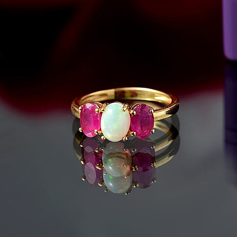 Ethiopian Opal, African Ruby 3 Stone Ring in 14K Gold OverlaySterling Silver  1.937  Ct.