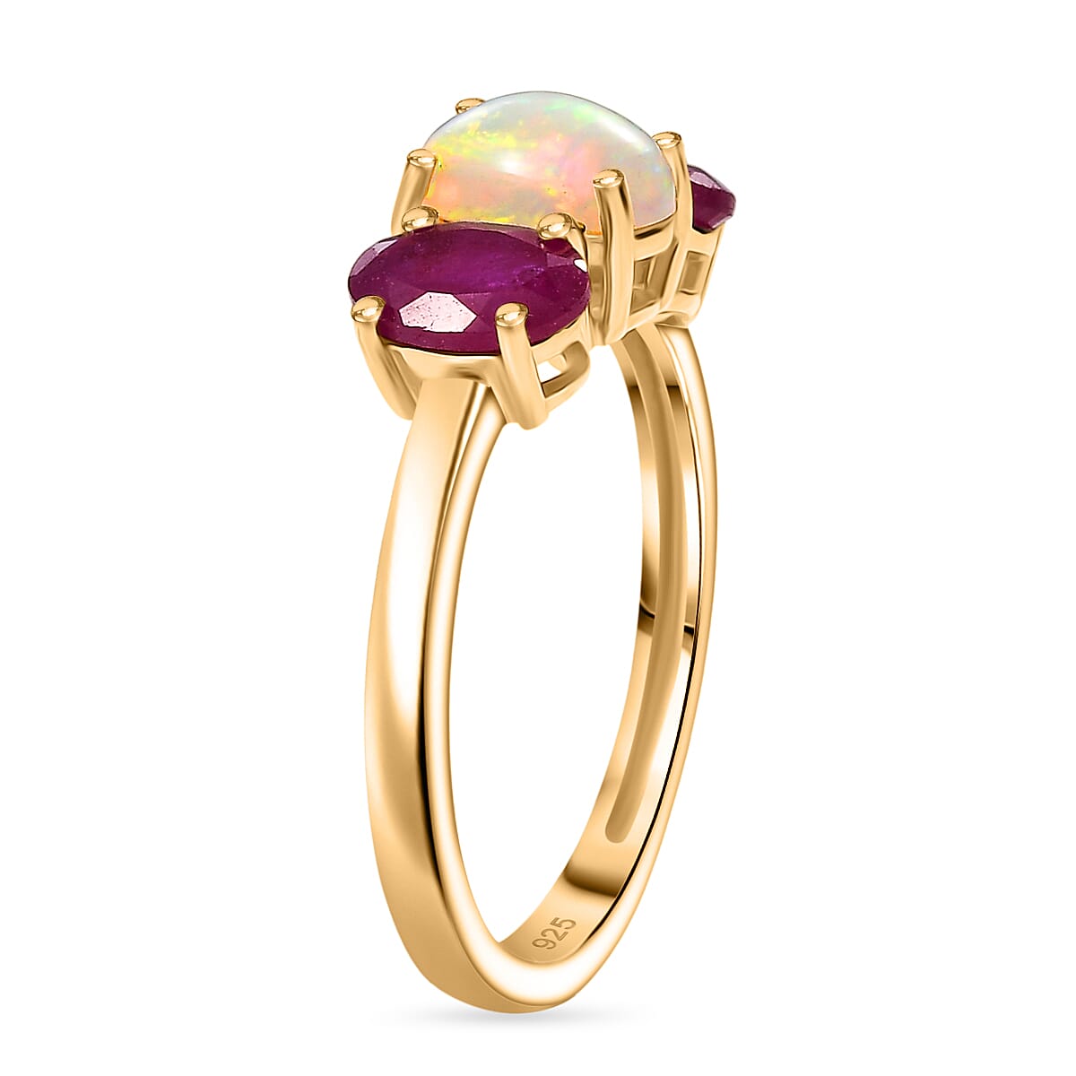 Ethiopian Opal, African Ruby 3 Stone Ring in 14K Gold OverlaySterling Silver  1.937  Ct.
