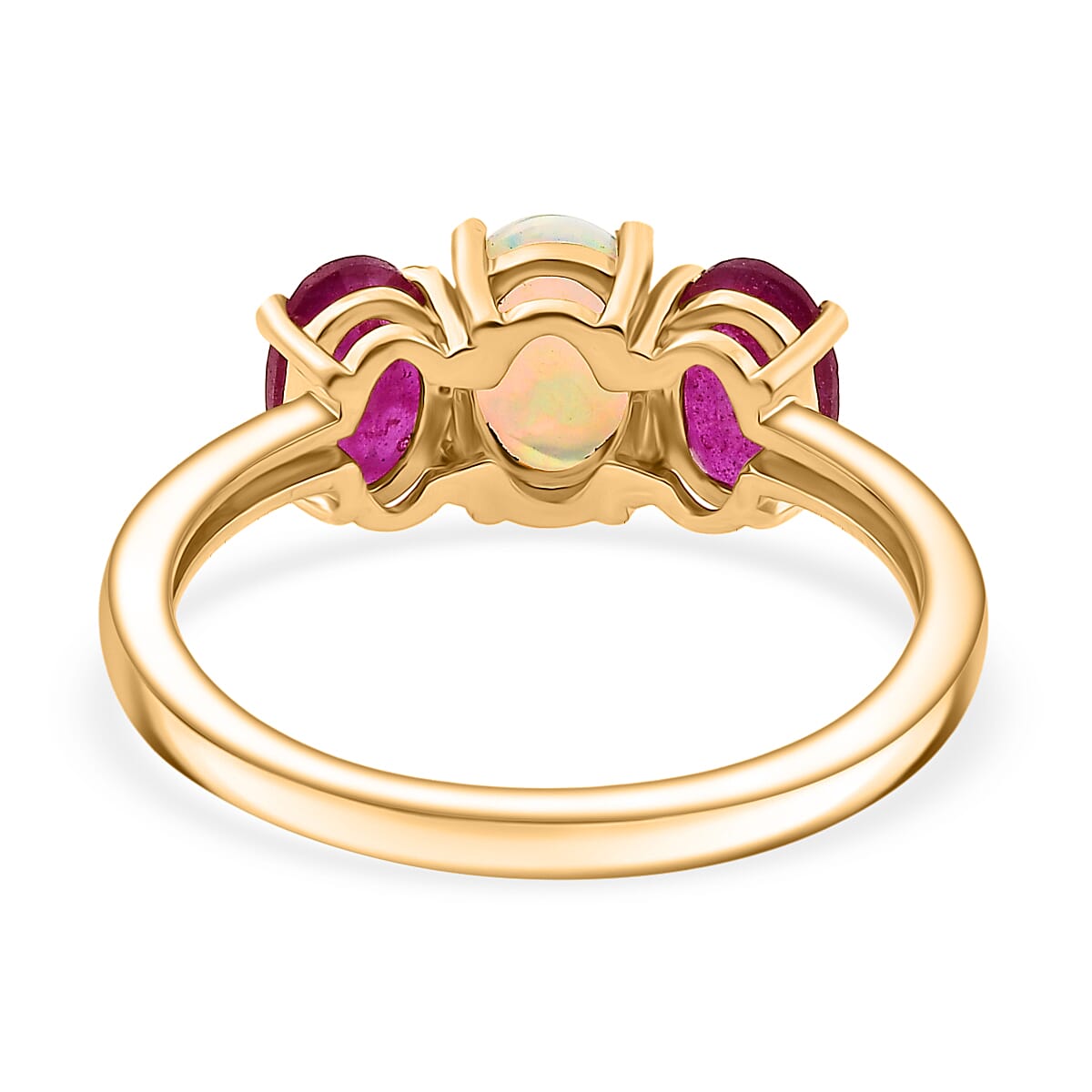 Ethiopian Opal, African Ruby 3 Stone Ring in 14K Gold OverlaySterling Silver  1.937  Ct.