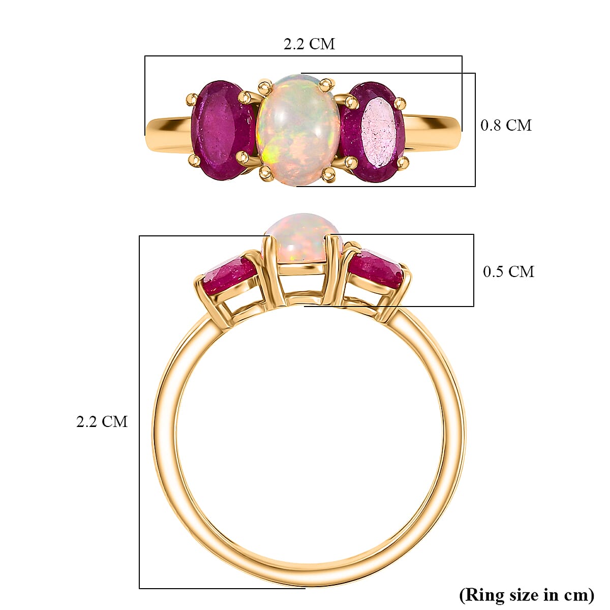Ethiopian Opal, African Ruby 3 Stone Ring in 14K Gold OverlaySterling Silver  1.937  Ct.