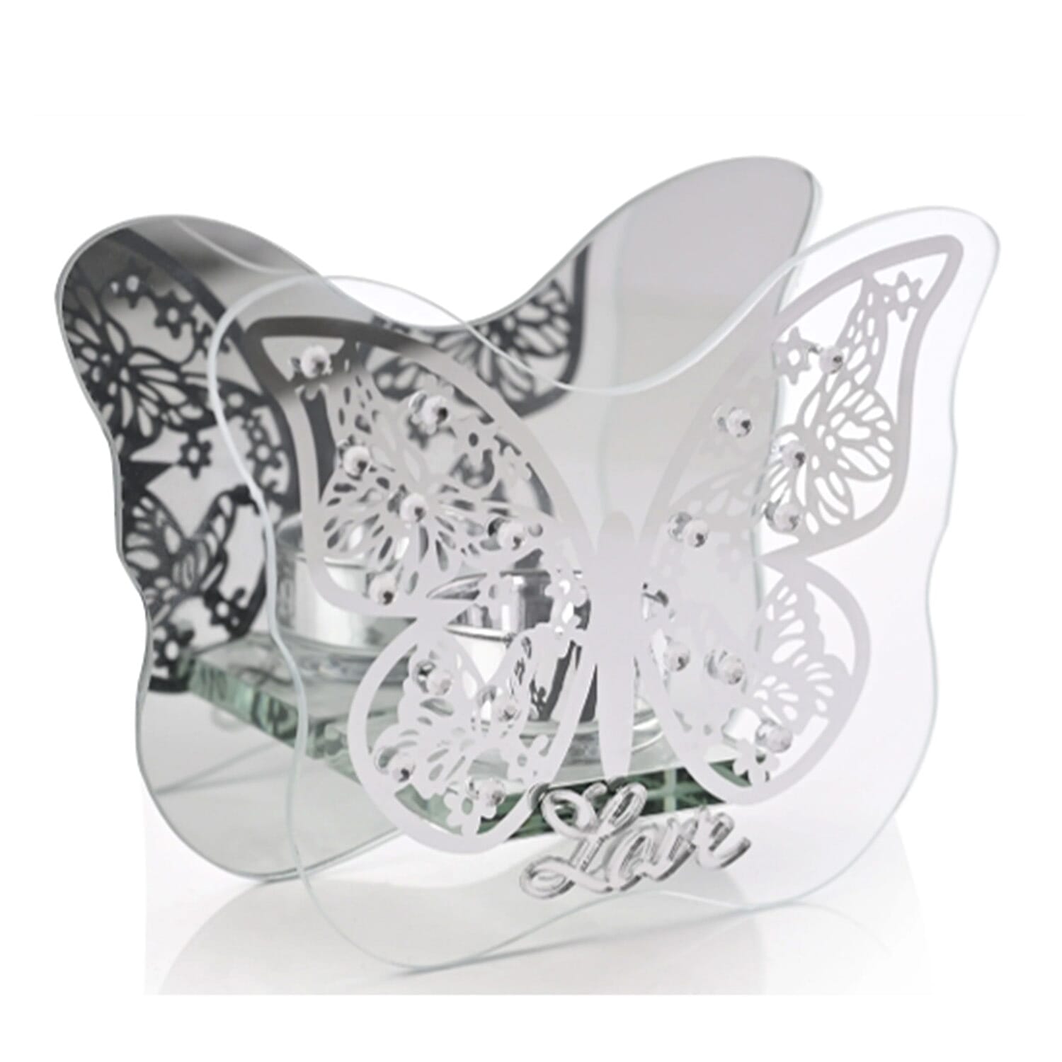 Always & Forever Butterfly Glass Tea Light Holder with Love Detail - Silver