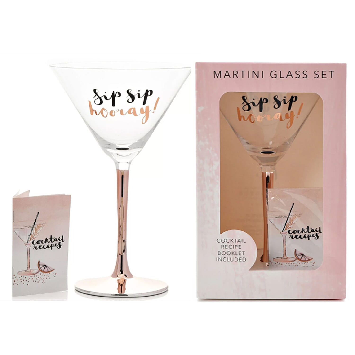 Luxe Elegant Rose Gold Stem Martini Glass with Cocktail Recipe Booklet & Sip Sip Hooray Design