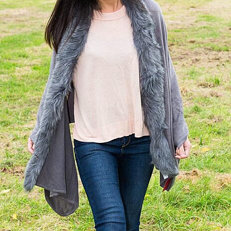Ladies Faux Fur Wool Blend Shawl Wrap (One Size) - Grey