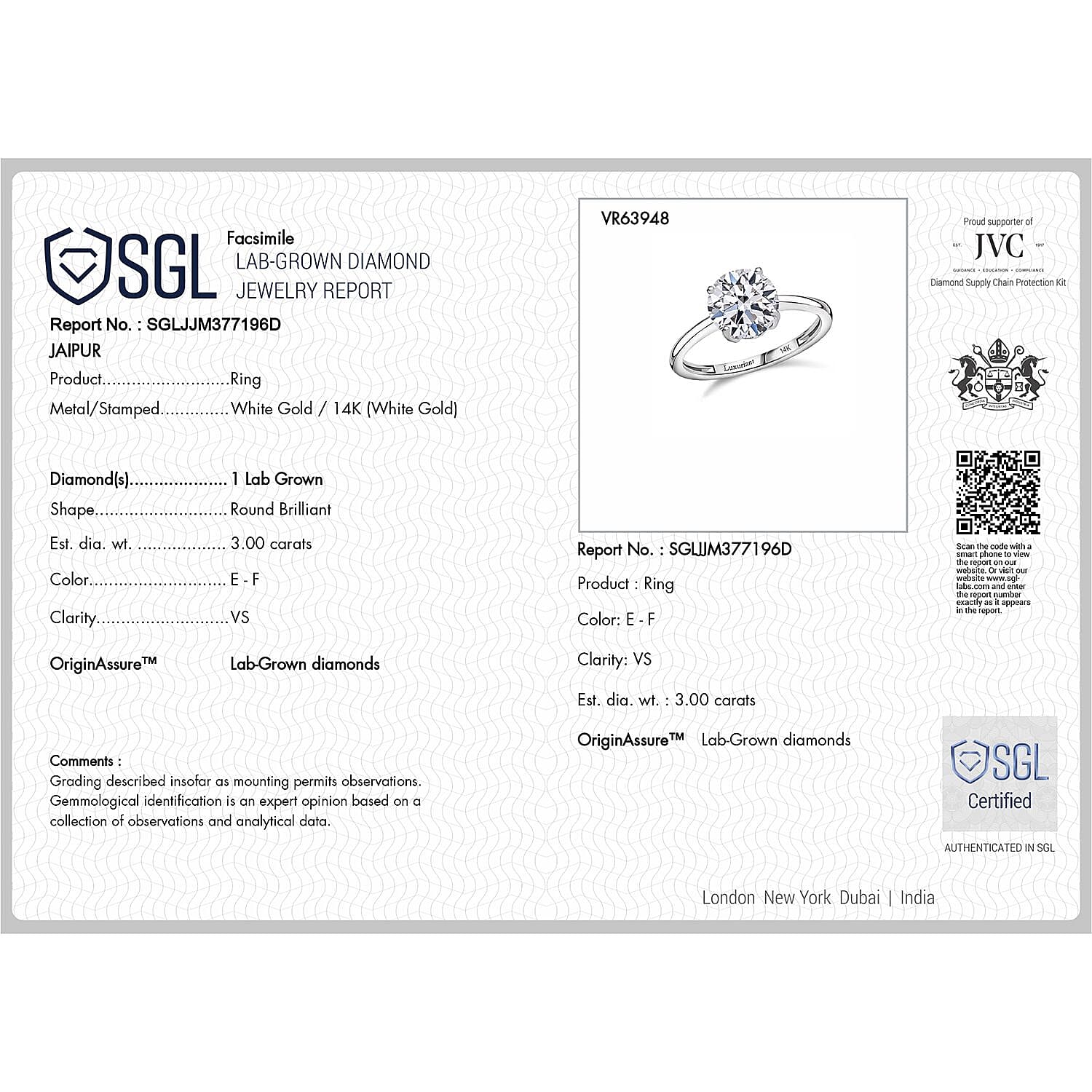 NY Closeout - Luxuriant 14K White Gold IGI Certified Lab Grown Diamond (VS-EF) Solitaire Ring 3.00 Ct.