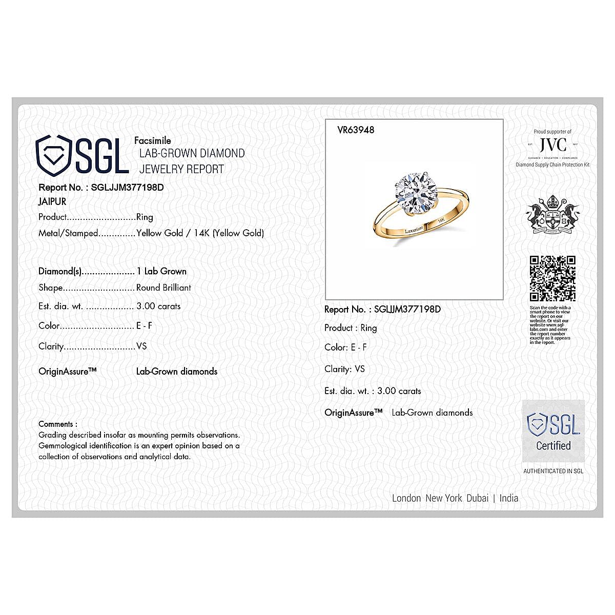 NY Close Out - Luxuriant 14K Yellow Gold IGI Certified (VS-EF) Lab Grown Diamond Ring 3.00 Ct.