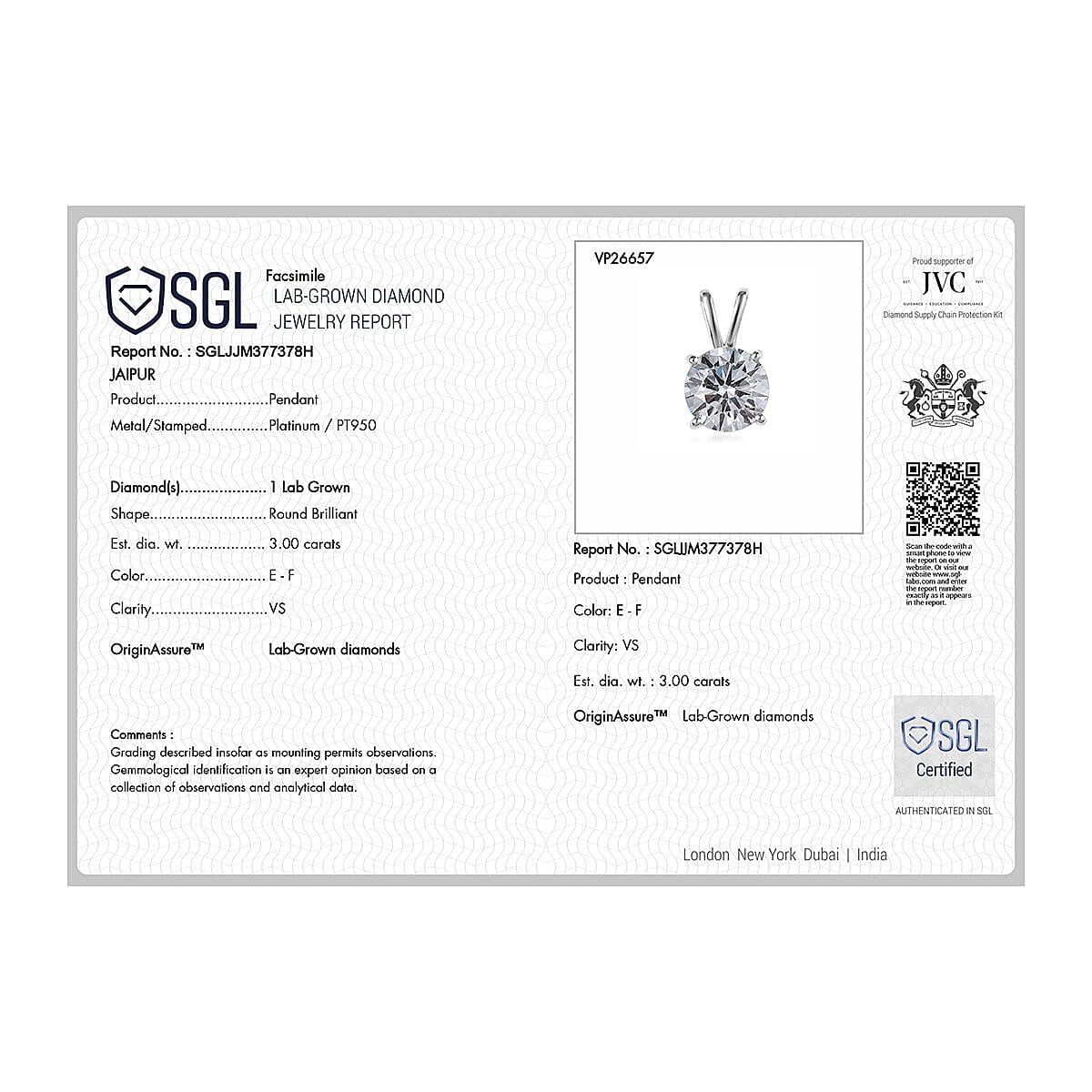 Luxuriant - 950 Platinum SGL Certified Lab Grown Diamond Solitaire Pendant 3.06 Ct. Luxuriant - 950 Platinum SGL Certified Lab Grown Diamond Solitaire Pendant 3.06 Ct.